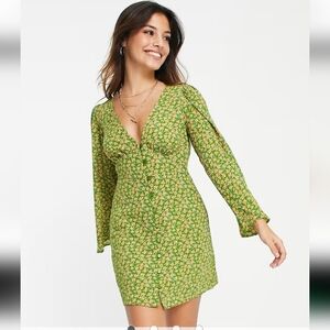 ASOS Petite Button Through Mini Dress 10P Long Sleeve 70s Hippie Boho 7500